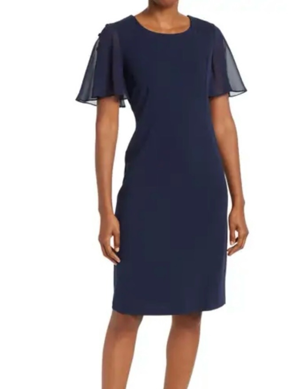 NWT Nina Leonard Women’s Navy Flutter Sleeve Sheath Dress, size S, NEW